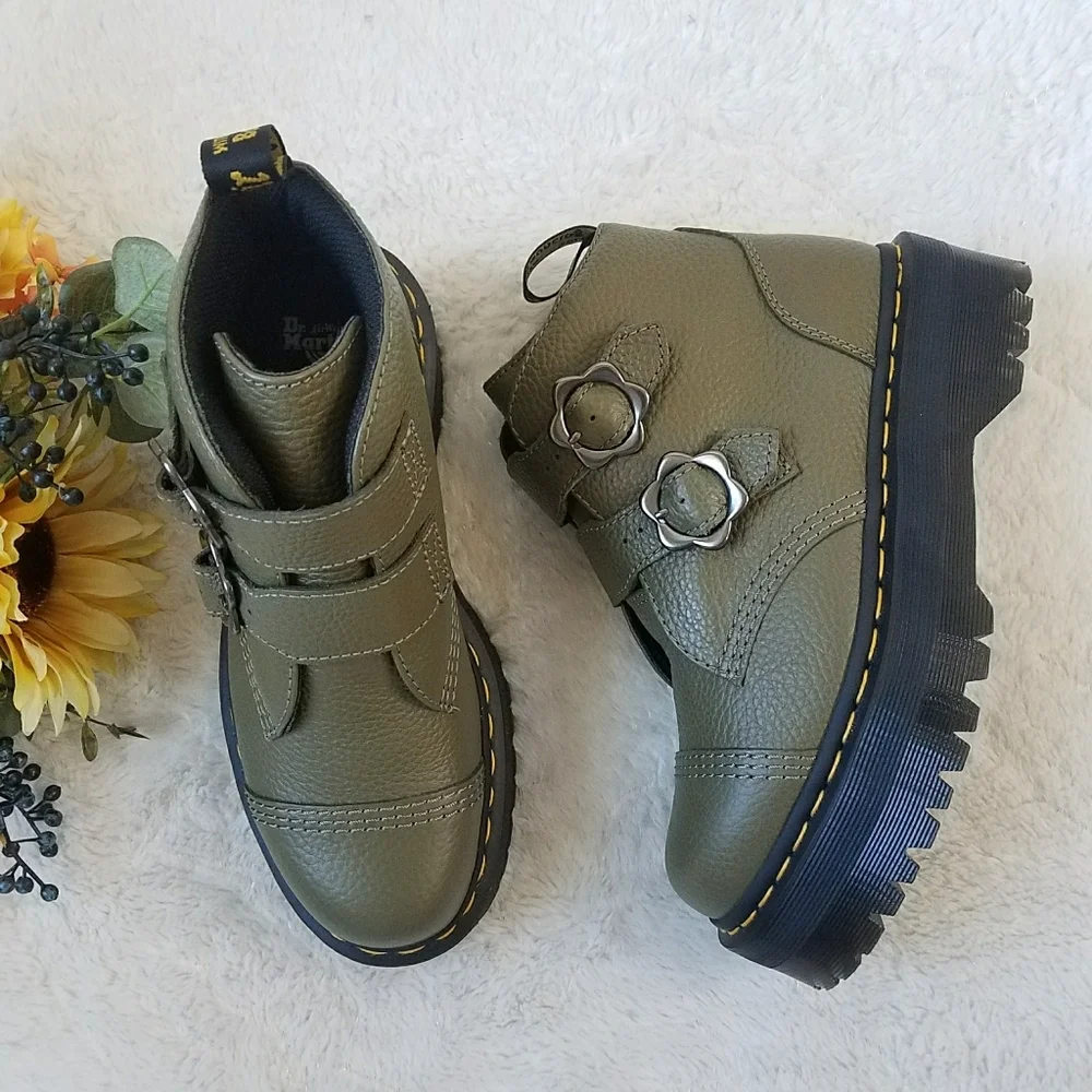 Dr. Martens Devon Flower Buckle Platform Boots in Khaki Green - Picture 2 of 8